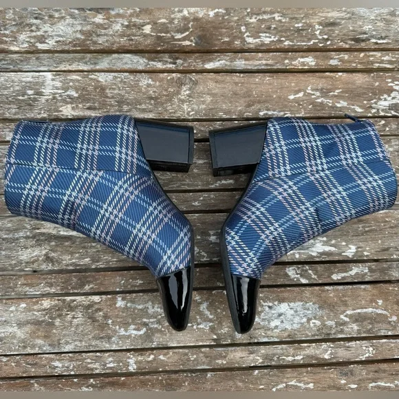 1901 Plaid Heeled Bootie w/ Black Patent Leather: Blue/Pink/Silver, size 6.5 - Picture 3 of 10